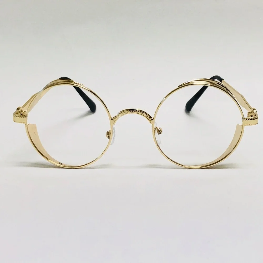 Gold Round Steampunk Glasses Side Shield Design Men's Fashion Hip Hop Clear Lens